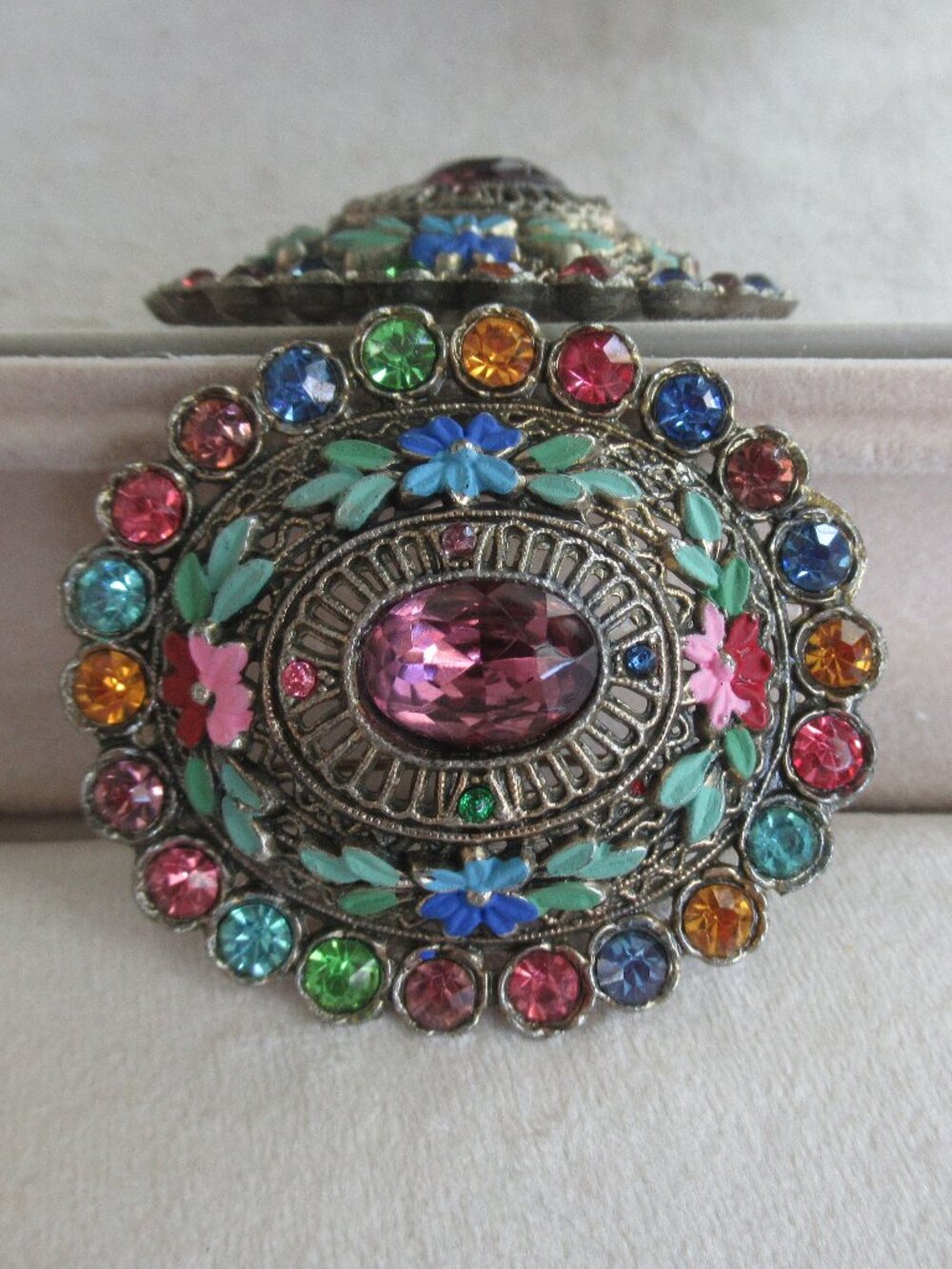 Antique Silver Little Nemo Floral Enamel Rhinestone Brooch Pin Multicolor Stones